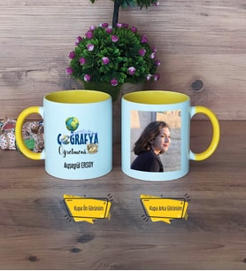 Coğrafya Öğretmeni Kupa Bardak Sarı Fotoğraflı Öğretmenler Günü Hediyesi