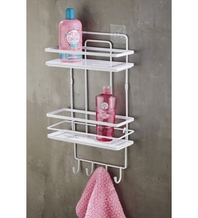 2 Katlı Kancalı Yapışkanlı Banyo Duş Rafı Ayarlanabilir Kristal Beyaz