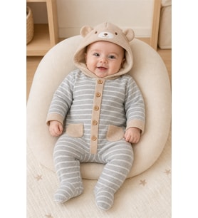 Unisex Welsoft İçli Kapüşonlu Çizgili Bebek Tulum - GRİ / 3-6 AY