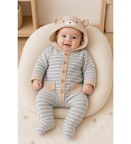 Unisex Welsoft İçli Kapüşonlu Çizgili Bebek Tulum - GRİ / 3-6 AY