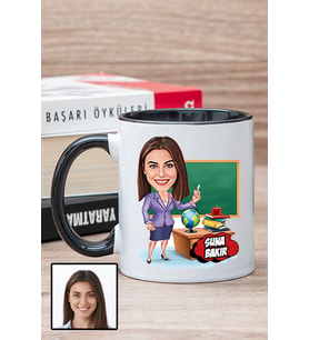 Kadın Öğretmene Hediye Kişiye Özel Karikatürlü Siyah Kupa Bardak