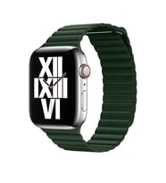 Apple Watch 44mm Uyumlu Kordon Suni Deri Bakla Tasarımlı KRD-09 Kayış (Koyu Yeşil)