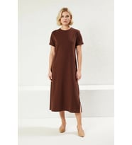 Kadın Bisiklet Yaka Kısa Kol Midi T-Shirt Elbise %100 Pamuk Süprem Dokulu Yırtmaçlı Rahat Kesim