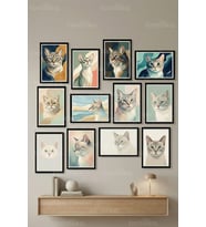 12 Parça Pastel Kedi Portreleri 2 Renk Seçenekli Dekoratif Çerçeve Görünümlü Tablo Seti