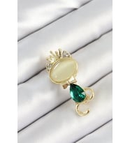 Yeşil Damla Zirkon Taşlı Kraliçe Taçlı Kedi Figürlü Gold Renk Kadın Broş - TJ-BR450