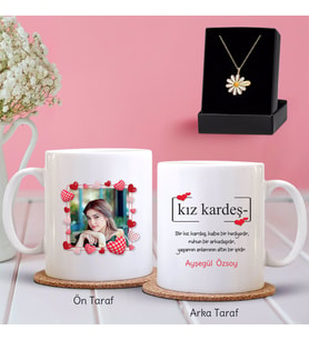 BK Gift Kişiye Özel Fotoğraflı Kız Kardeş Tasarımlı Kupa ve Papatya Kolye Hediye Seti-1 (Model 1)