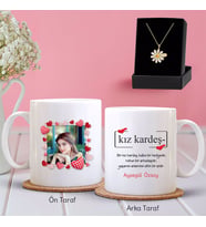 BK Gift Kişiye Özel Fotoğraflı Kız Kardeş Tasarımlı Kupa ve Papatya Kolye Hediye Seti-1 (Model 1)