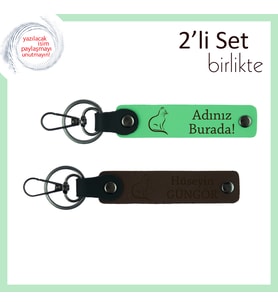 Pati Seven Sevgiliye Armağan, Kedili, Kişisel Yazılı Anahtarlık Seti, Fıstık Yeşil-Koyu Kahve