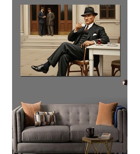 Türk Kahvesi İçerken Mustafa Kemal Atatürk Dekoratif Kanvas - Mdf Ahşap Tablo