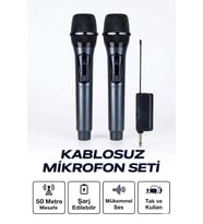 Profesyonel Çiftli Kablosuz Mikrofon Seti Karaoke Şarj Edilebilir 50 Metre