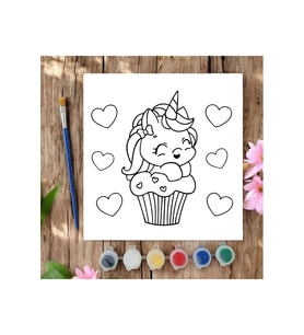 20x20 Tuval Boyama Seti Çocuklar İçin Etkinlik Cup Cake Unicorn Tuval Boyama Seti (Siyah - Beyaz)