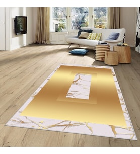Bej Mermer Gold Çerçeve Yıkanabilir Kaymaz Taban Leke Tutmaz Modern Salon Halısı ve Yolluk