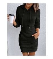Kadın Uzun Kollu Kapşonlu Cepli Mini Peluş Elbise