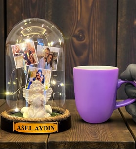 Size Özel Tasarım Led Işıklı Fanus ve Mor Kupa Bardak Hediye Seti (Model 2)