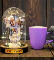 Size Özel Tasarım Led Işıklı Fanus ve Mor Kupa Bardak Hediye Seti (Model 2)