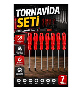 7 Parça Profesyonel Tornavida Seti Düz ve Yıldız Uçlu Kutulu Vidalama Seti