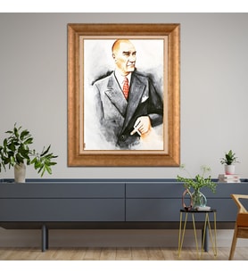 Altın Varaklı Çerçeveli Paspartulu Atatürk Tablo z4597 (Gold)