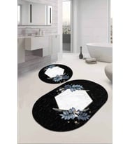 Siyah Çiçekli Banyo Halısı Klozet Oval Paspas Seti BS090