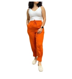 Turuncu Müslin Kumaş Beli Lastikli Dar Paça Yazlık Pantolon