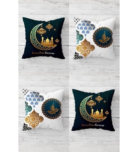 Ramazan Temalı Eid Mübarek Mescidli Gizli Fermuarlı Kırlent Kılıfı Koltuk Yastık Kılıfı Takım(4adet) (Lacivert-Beyaz)