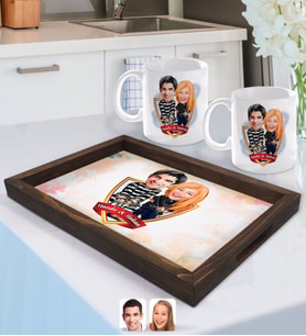 BK Gift Kişiye Özel İsimli Sevgililer Karikatürlü Doğal Ahşap Tepsi ve 2’li Kupa Bardak Seti-7