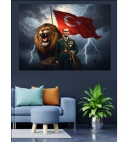 Aslan Ve Türk Bayrağı Portresi Dekoratif Kanvas - Mdf Ahşap Tablo