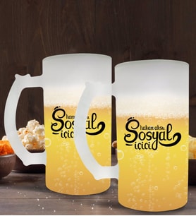 BK Gift Kişiye Özel Sosyal İçici Tasarımlı 2’li Buzlu Cam Bira Bardağı 50cl-2 (Beyaz)