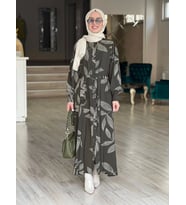 VİSCON KETEN NOKTA YAPRAK KUŞGÖZLÜ DÜĞMELİ GÖMLEK ELBİSE (Haki)