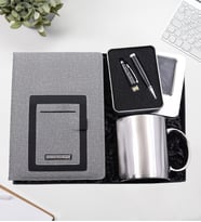Kişiye Özel Telefon Cepli Gri Defter & 32 gb Usb Siyah Kalem & Atatürk İmzalı Gümüş Kupa Hediye Seti