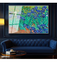 Gümüş Renk Metal Çerçeveli Tamperli Cam Tablo Vincent van Gogh İris Çiçekleri Bahçe Mavi Ressam Tablosu Duvar Dekoru