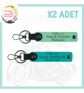 Yeşil-Koyu Turkuaz, Stiline Özel, İsim Plaka, 0 Rh (+) Kan Grubu Yazılı Motorcu 2'li Anahtarlıkları