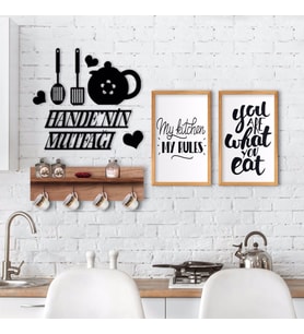 BK Home Doğal Ahşap Raflı Dekoratif Fincan Askılığı Mutfak Konseptli 2’li Ahşap Tablo ve İsme Özel Duvar Süsü-3 (Beyaz)