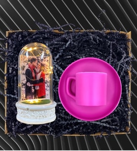 Kişiye Özel Işıklı Fotoğraflı Fanus ve Pembe Renkli Kahve Fincanı 100 ml