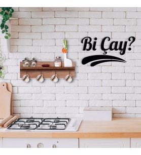 BK Home Doğal Ahşap Raflı Dekoratif Fincan Askılığı ve Bi Çay Duvar Süsü-1 (Beyaz)