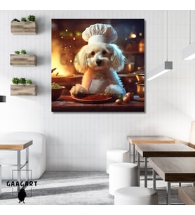 Kare Kanvas Mutfak Tablosu Aşçı Hayvanlar Beyaz Tüylü Poodle