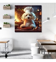 Kare Kanvas Mutfak Tablosu Aşçı Hayvanlar Beyaz Tüylü Poodle