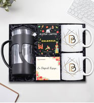Kişiye Özel Gold Harf Baskılı 2'li Kupa & Siyah French Press & Alerya Colombia Filtre Kahve Hediye Seti
