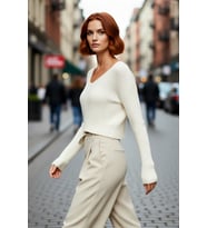Kadın Regular Kalıp V Yaka Uzun Kollu Crop Boy Fitilli Akrilik Basic Triko Kazak Günlük Kullanım