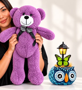 Mavi Baykuş Masa Lambası ve Büyük Boy Mor Peluş Ayıcık – Sevgiliye Doğum Günü Yıl Dönümü Hediyesi