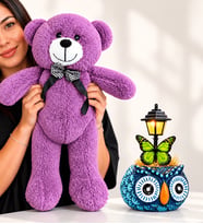 Mavi Baykuş Masa Lambası ve Büyük Boy Mor Peluş Ayıcık – Sevgiliye Doğum Günü Yıl Dönümü Hediyesi