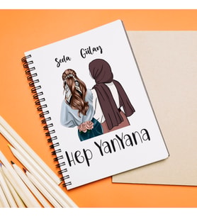 Kız Arkadaş Tesettürlü - Açık ( Hep Yan Yana ) Tasarımlı Defter Kişiye Özel