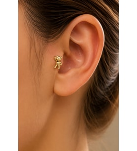 Sertifikalı 316L Çelik El Sallayan Ayıcık Figürlü Taşsız Premium Altın Kaplama Tragus ve Helix Piercing