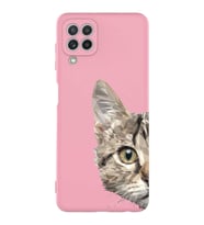 Samsung Galaxy A22 Uyumlu Lansman Kılıf Catface Tasarımlı İçi Kadife Kapak-Pembe (Şeffaf)