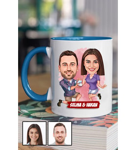 Eşe Yıldönümü Hediyesi Karikatürlü Mavi Kupa Bardak