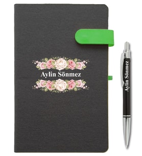 Kişiye Özel Çiçek Desen Baskılı İsme Özel Yeşil Tarihsiz Ajanda ve Kalem