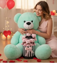 Sevgililer Günü Hediyesi 90 Cm Peluş Ayı + Aynalı Mesajlı Silindir Ayıcık Buketi  Romantik Sevgiliye Kıza Özel Set (Turkuaz)