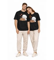 Sevimli Panda Baskılı Sevgili Kombini Çift Tişört Oversize Unisex Çift Kombin 2'Li Set (Siyah)