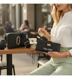 Givenza 🎁 Kişiye Özel Cüzdan & Kolye Hediyeli Şık Kadın Çanta Seti 🎁 (Siyah-Siyah)