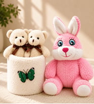 Pembe Peluş Tavşan ve Peluş Saksıda Ayıcıklar Buketi Sevgiliye Kadına Arkadaşa Hediye