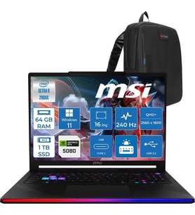 MSI Raider 16 Max Hx OLED B2WI-092TR Intel Core Ultra 9 290HX Plus 64GB Ddr5 1tb SSD Rtx 5080 16GB 175W Windows 11 Pro 16” Qhd+ (2560X1600) 240Hz Oyuncu Bilgisayarı 092TRP11 + Zetta Çanta